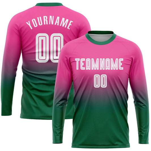 Custom Pink White-Kelly Green Sublimation Long Sleeve Fade Fashion Soccer Uniform Jersey - Main View