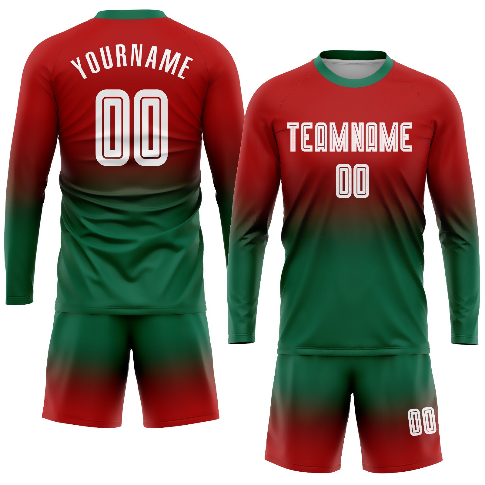 Custom Red White-Kelly Green Sublimation Long Sleeve Fade Fashion Soccer Uniform Jersey view 2
