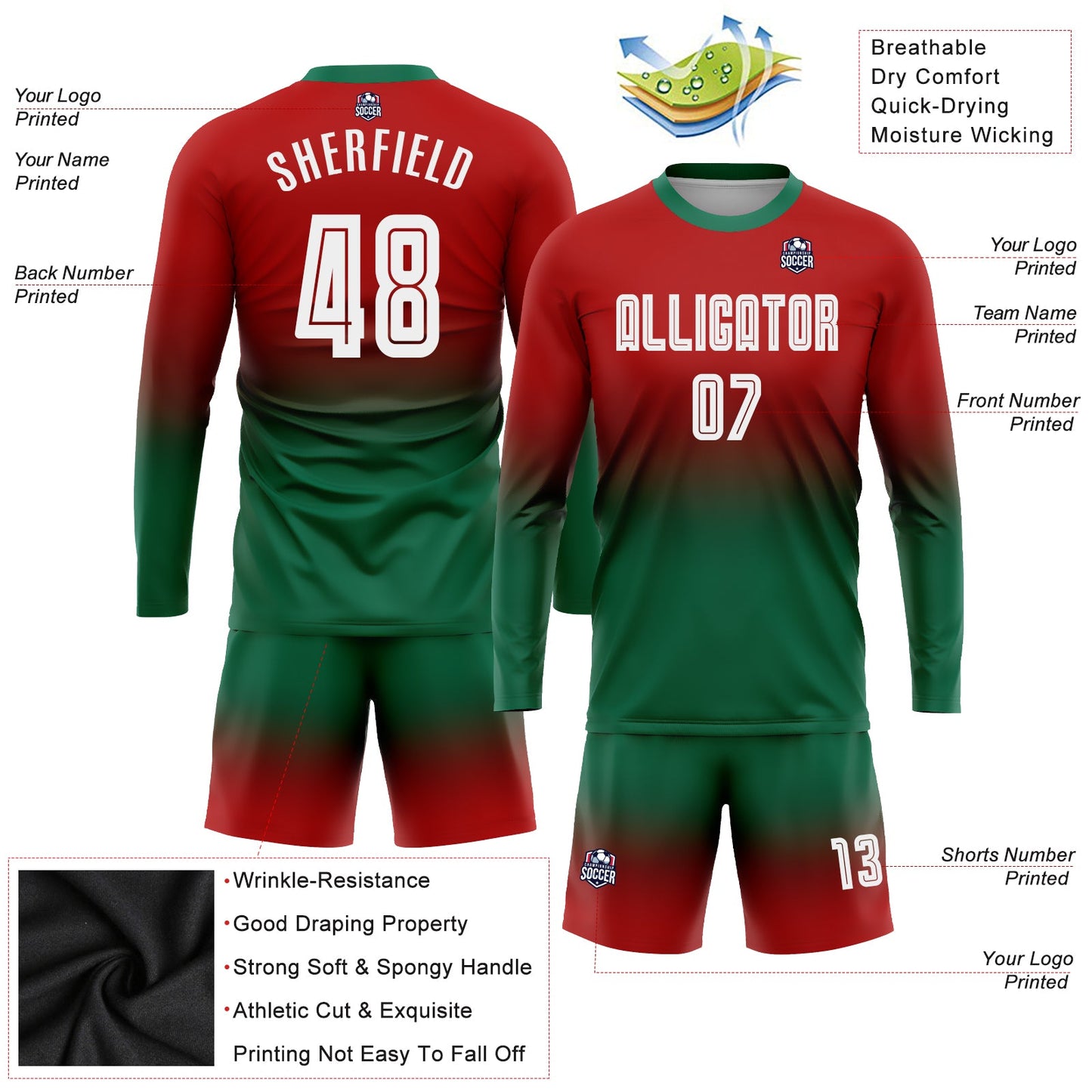 Custom Red White-Kelly Green Sublimation Long Sleeve Fade Fashion Soccer Uniform Jersey view 3