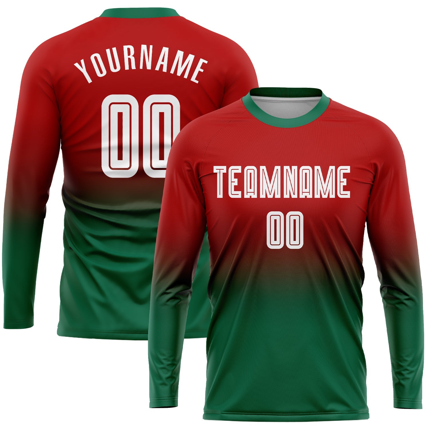 Custom Red White-Kelly Green Sublimation Long Sleeve Fade Fashion Soccer Uniform Jersey - Main View