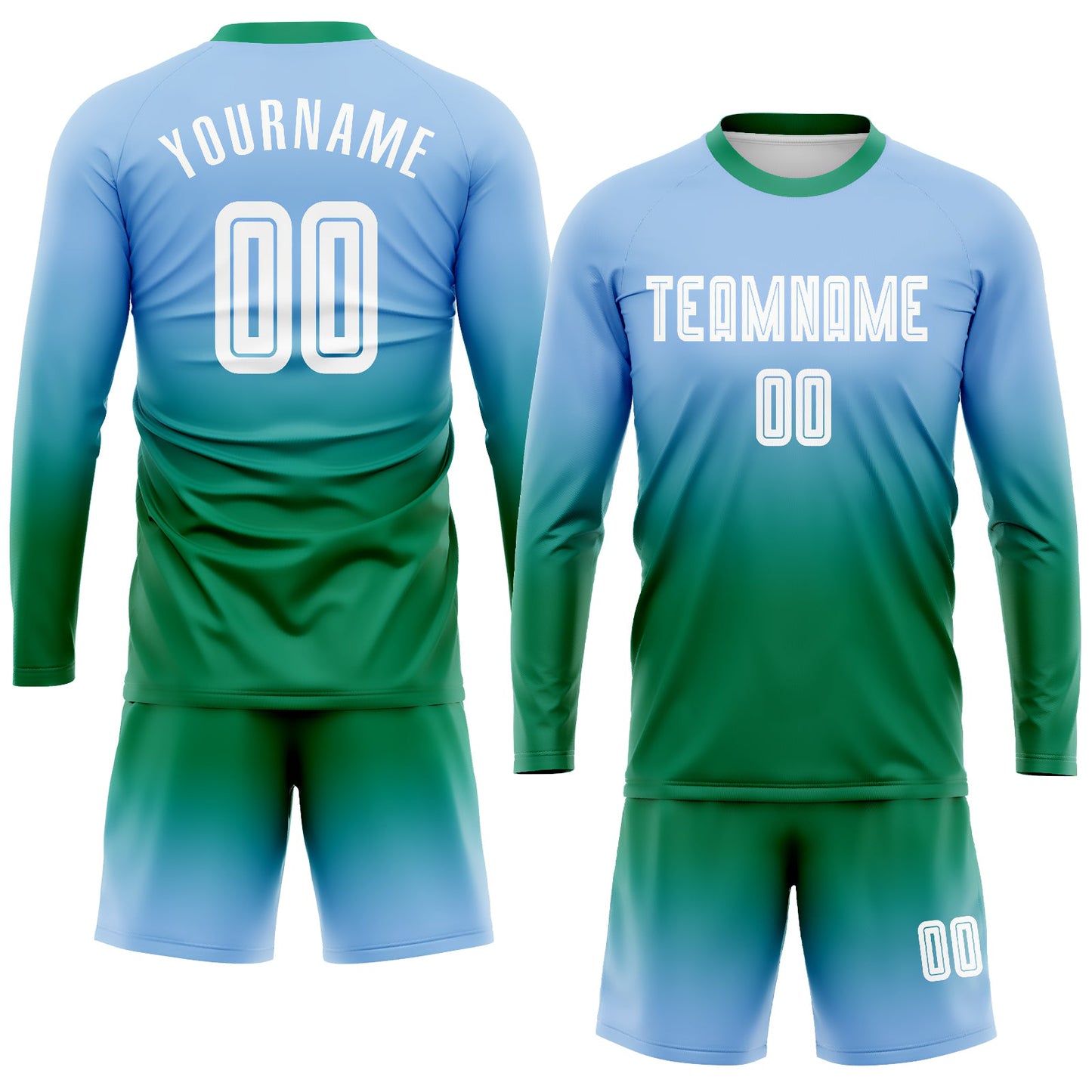 Custom Light Blue White-Kelly Green Sublimation Long Sleeve Fade Fashion Soccer Uniform Jersey view 2