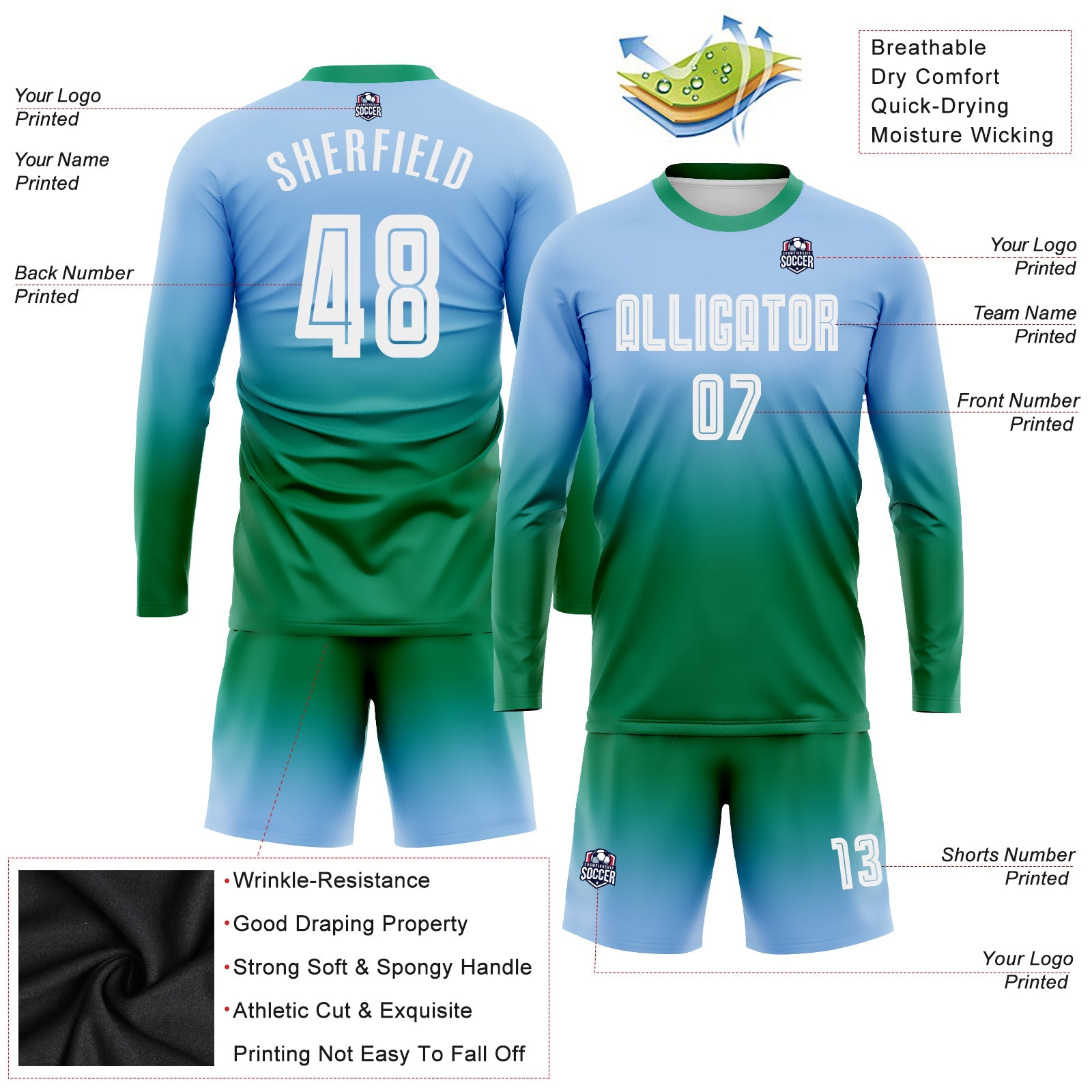 Custom Light Blue White-Kelly Green Sublimation Long Sleeve Fade Fashion Soccer Uniform Jersey view 3