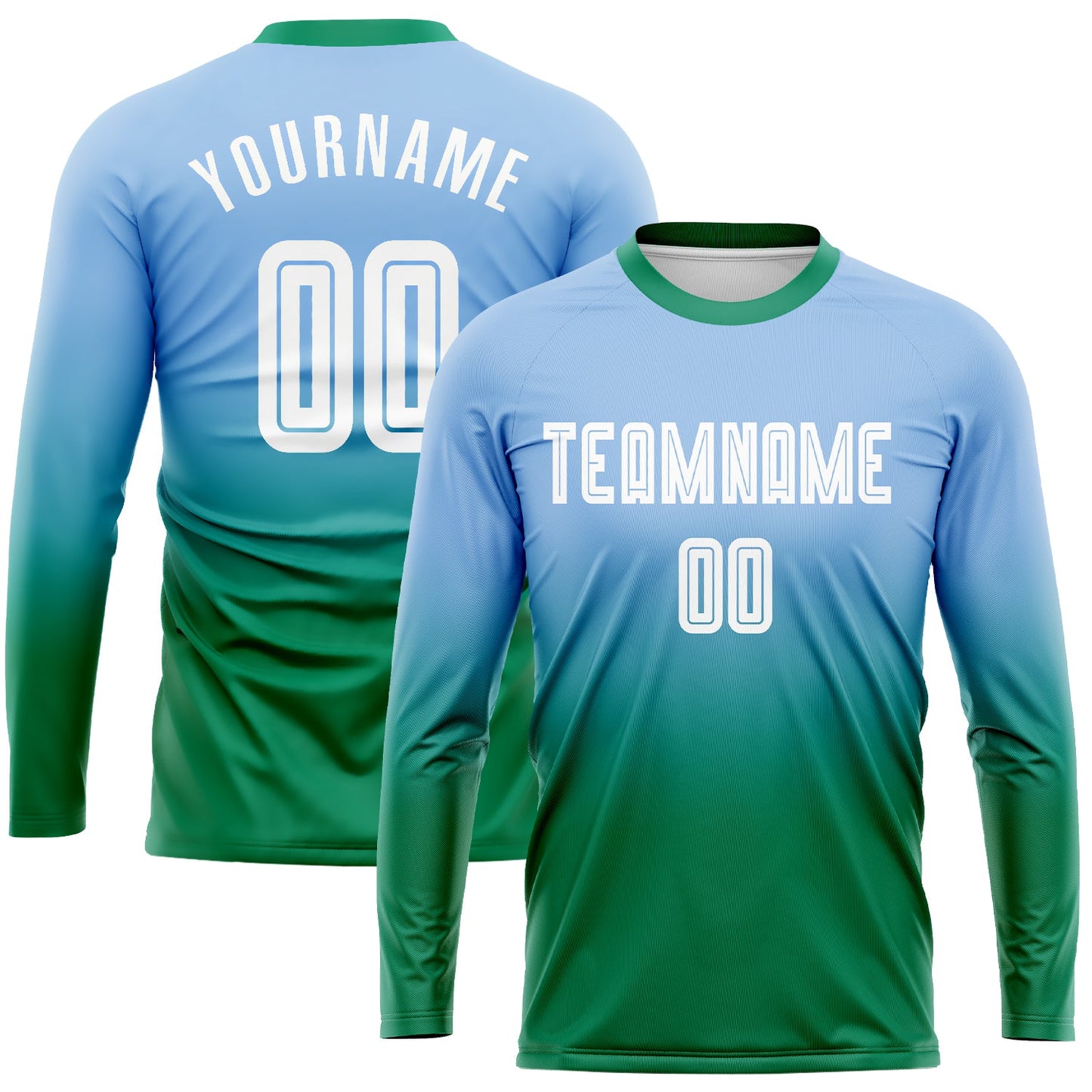 Custom Light Blue White-Kelly Green Sublimation Long Sleeve Fade Fashion Soccer Uniform Jersey - Main View
