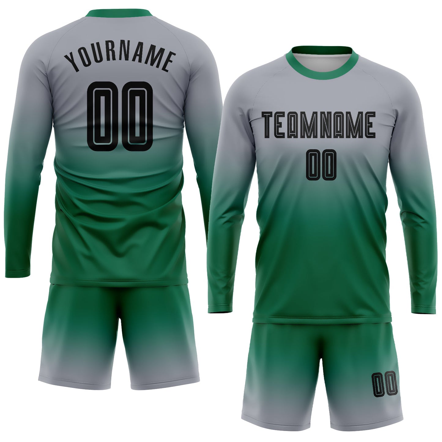 Custom Gray Black-Kelly Green Sublimation Long Sleeve Fade Fashion Soccer Uniform Jersey view 2