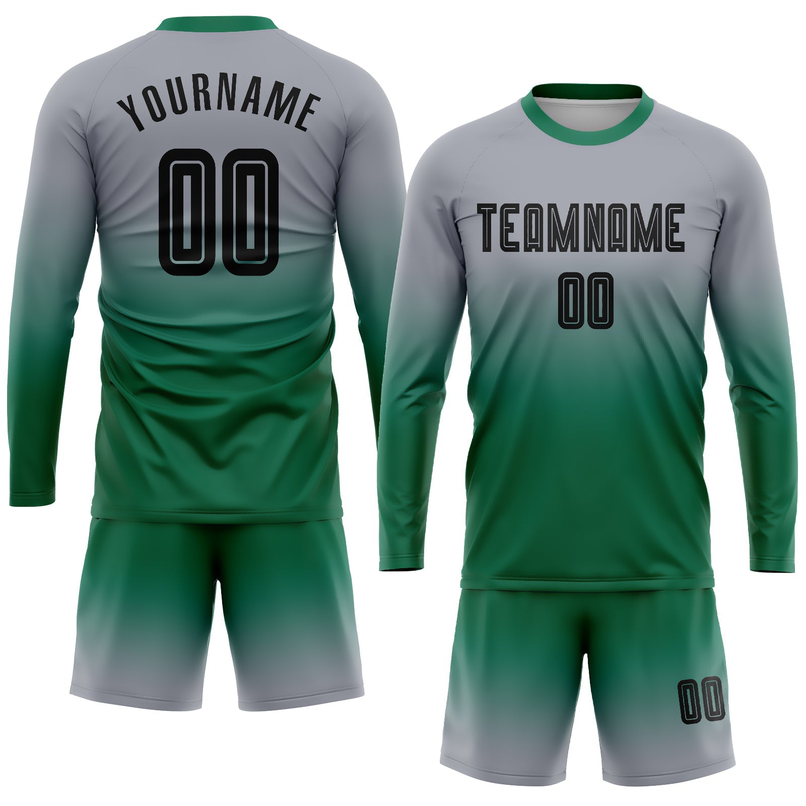 Custom Gray Black-Kelly Green Sublimation Long Sleeve Fade Fashion Soccer Uniform Jersey view 2