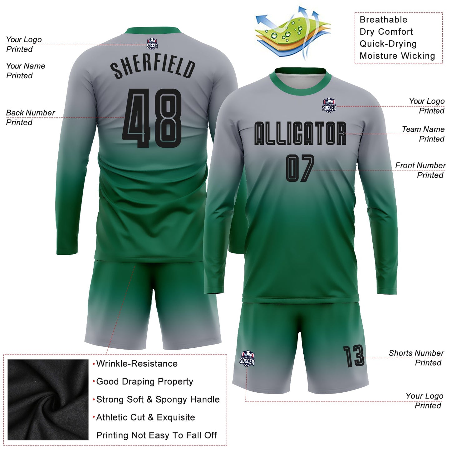 Custom Gray Black-Kelly Green Sublimation Long Sleeve Fade Fashion Soccer Uniform Jersey view 3
