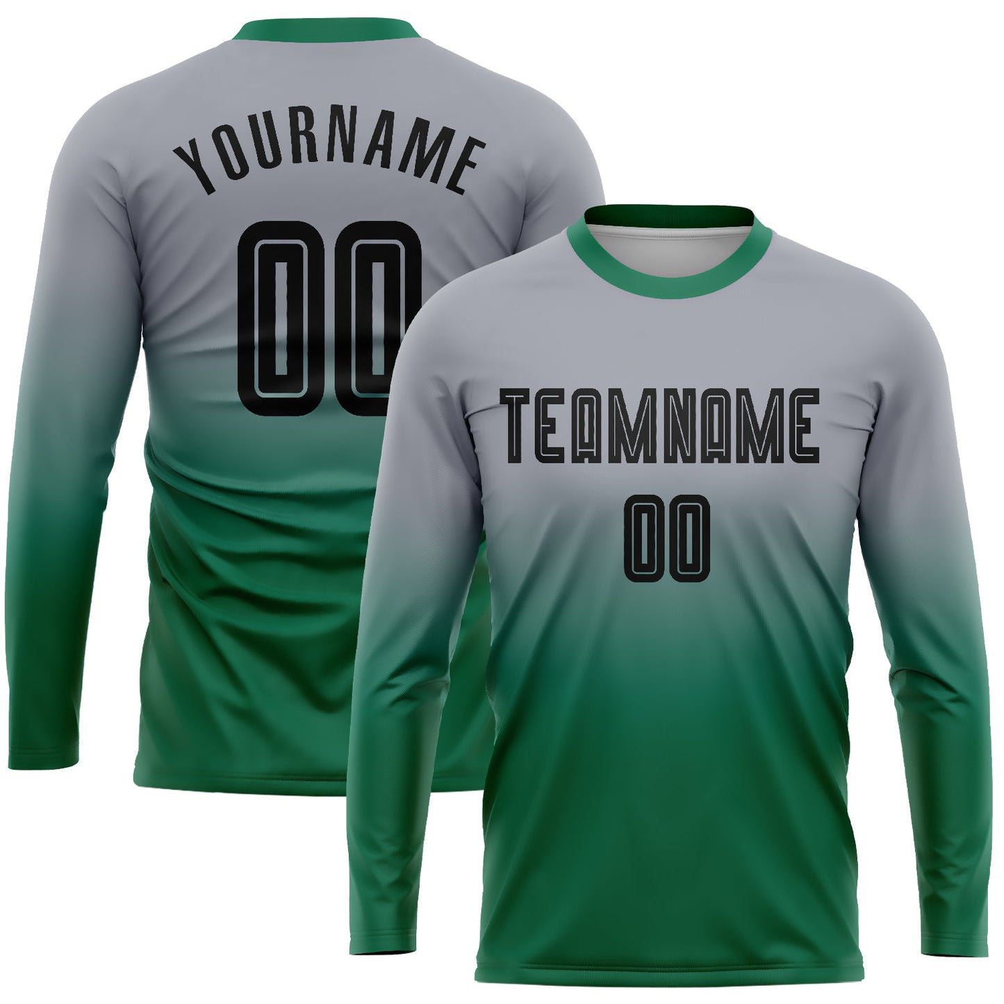 Custom Gray Black-Kelly Green Sublimation Long Sleeve Fade Fashion Soccer Uniform Jersey - Main View