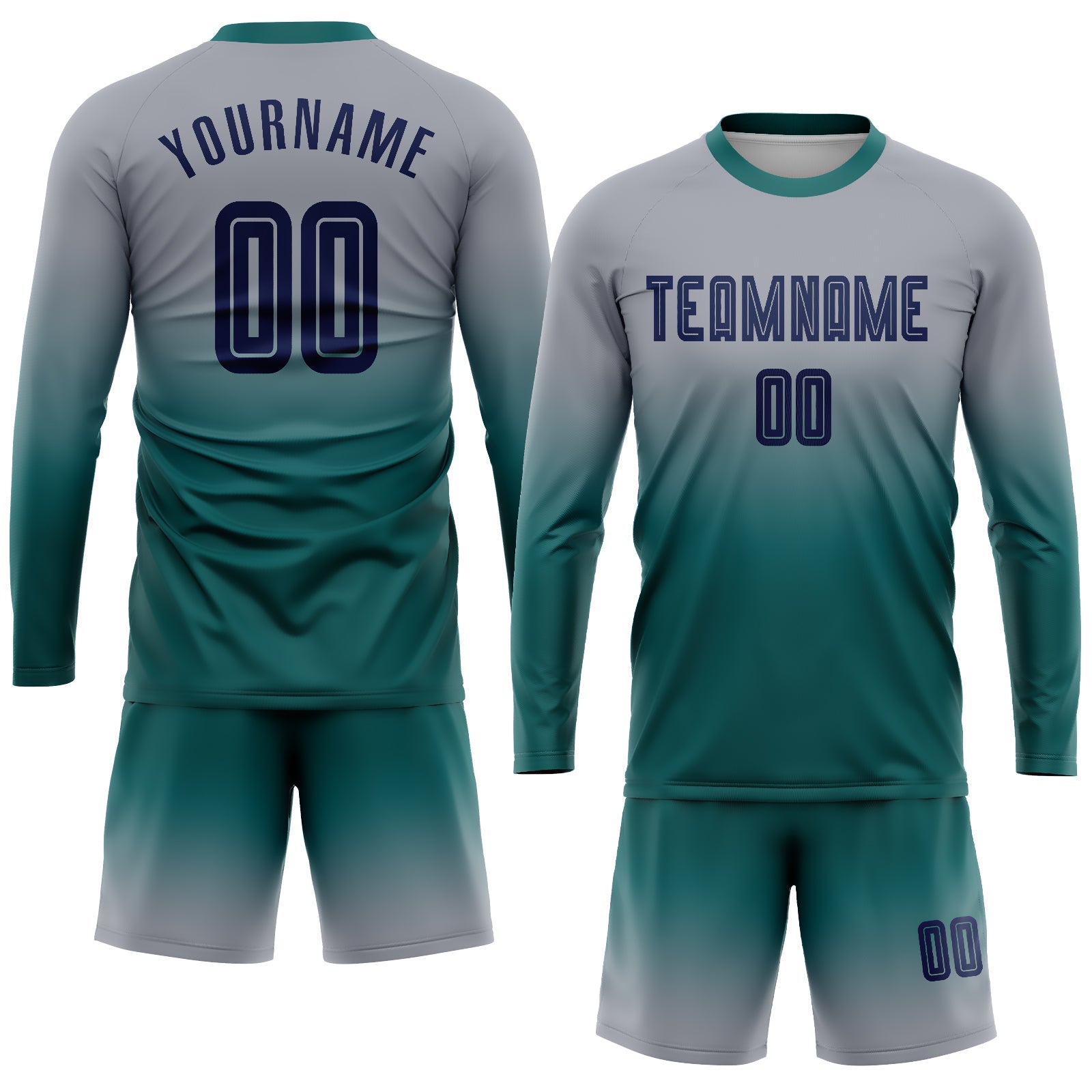 Custom Gray Navy-Teal Sublimation Long Sleeve Fade Fashion Soccer Uniform Jersey view 2