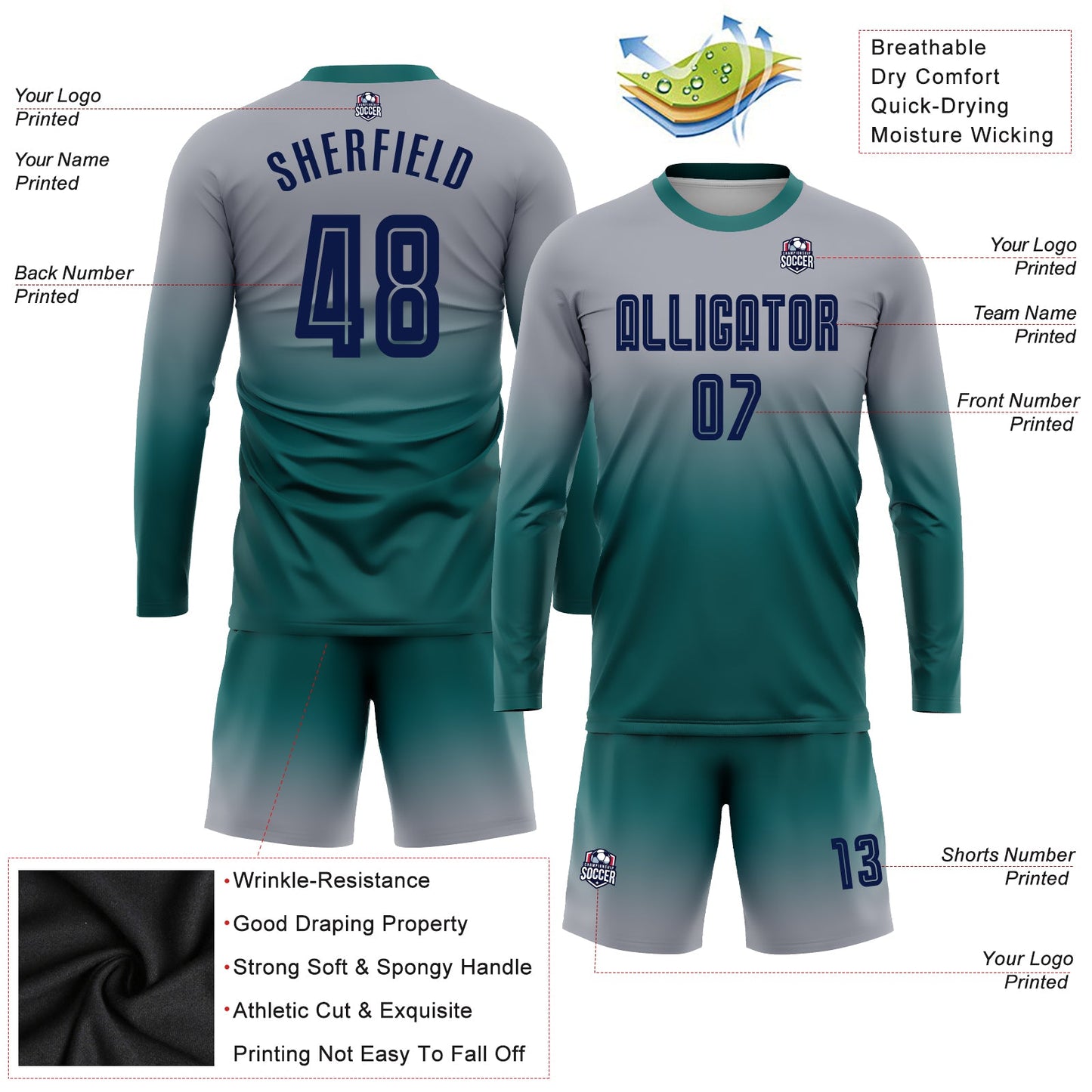 Custom Gray Navy-Teal Sublimation Long Sleeve Fade Fashion Soccer Uniform Jersey view 3