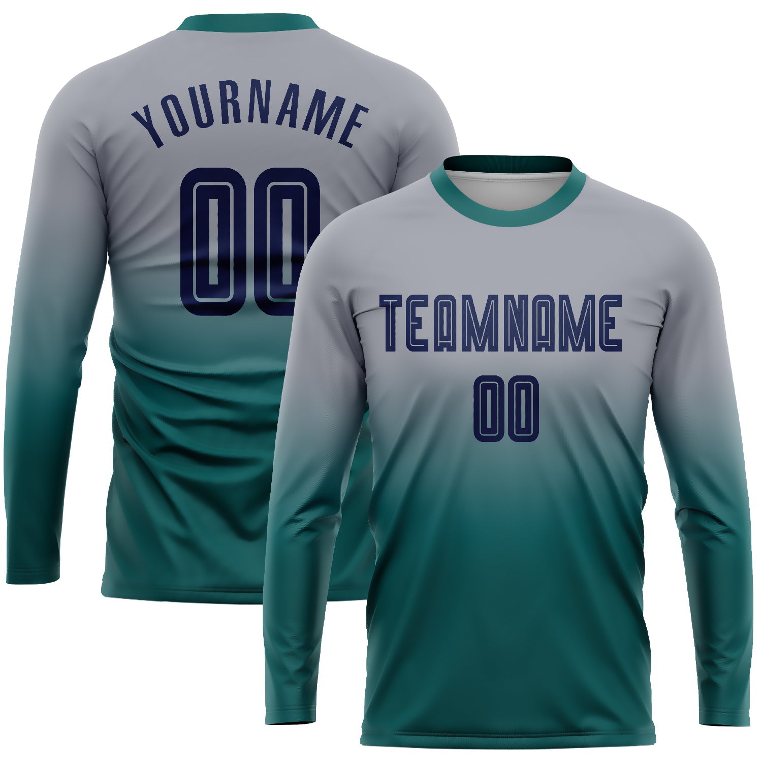 Custom Gray Navy-Teal Sublimation Long Sleeve Fade Fashion Soccer Uniform Jersey - Main View