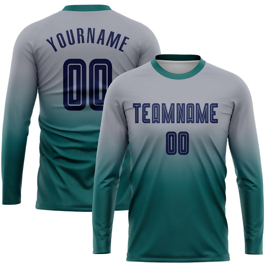 Custom Gray Navy-Teal Sublimation Long Sleeve Fade Fashion Soccer Uniform Jersey - Main View