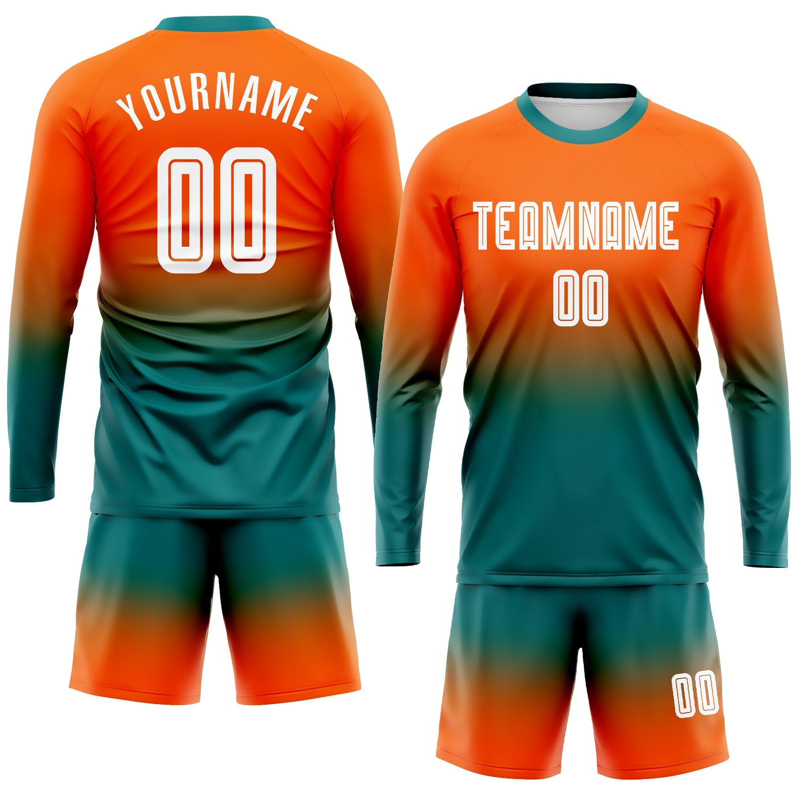 Custom Orange White-Teal  Sublimation Long Sleeve Fade Fashion Soccer Uniform Jersey view 2