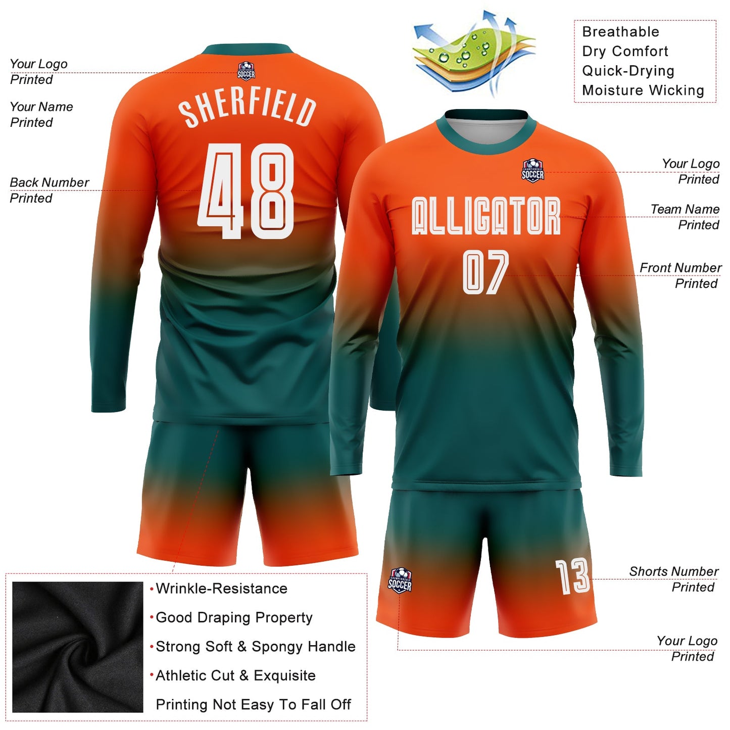 Custom Orange White-Teal  Sublimation Long Sleeve Fade Fashion Soccer Uniform Jersey view 3