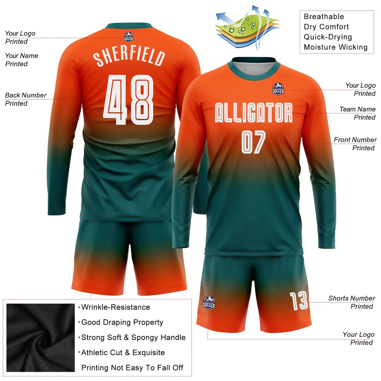Custom Orange White-Teal  Sublimation Long Sleeve Fade Fashion Soccer Uniform Jersey view 3