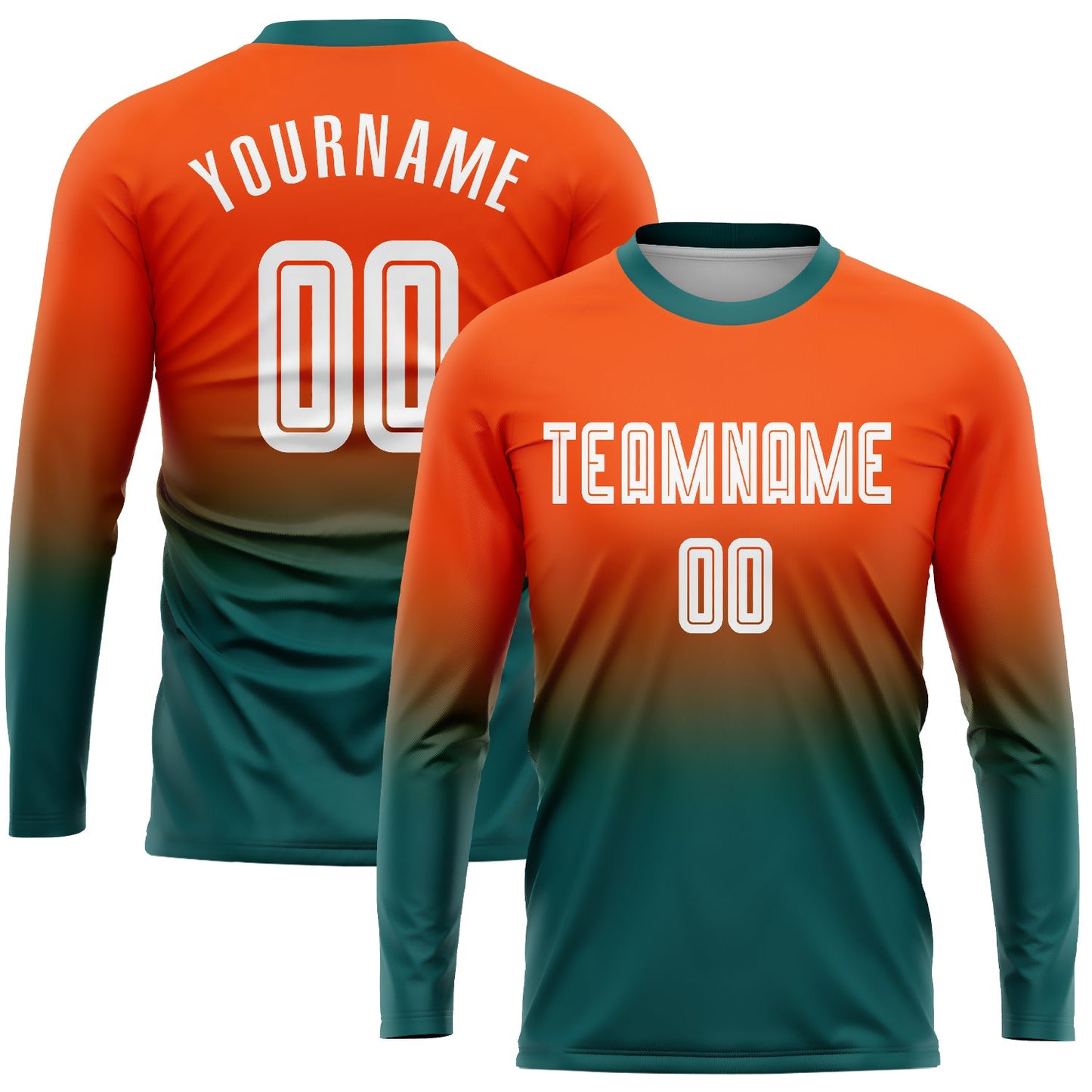 Custom Orange White-Teal  Sublimation Long Sleeve Fade Fashion Soccer Uniform Jersey - Main View