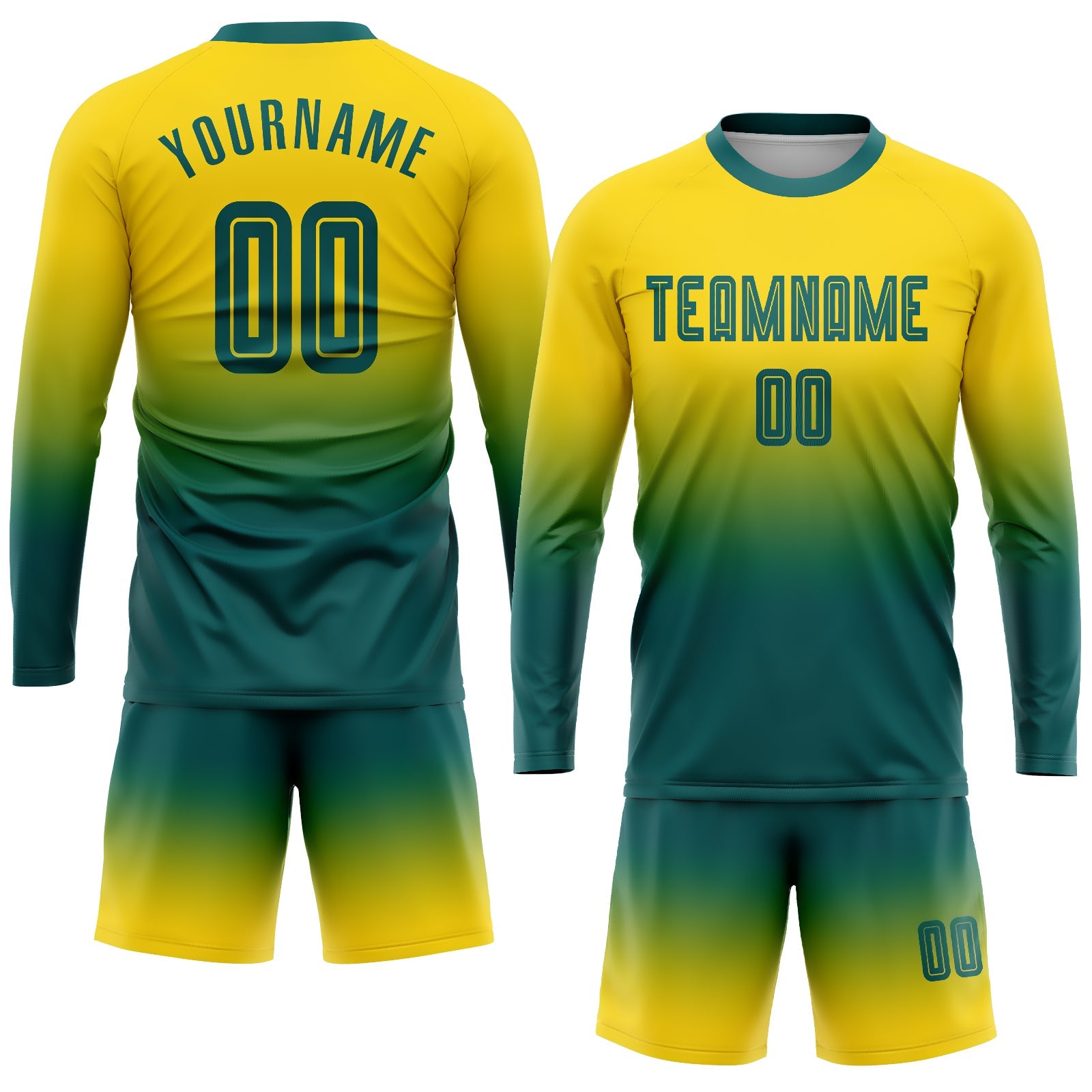 Custom Gold Teal Sublimation Long Sleeve Fade Fashion Soccer Uniform Jersey view 2