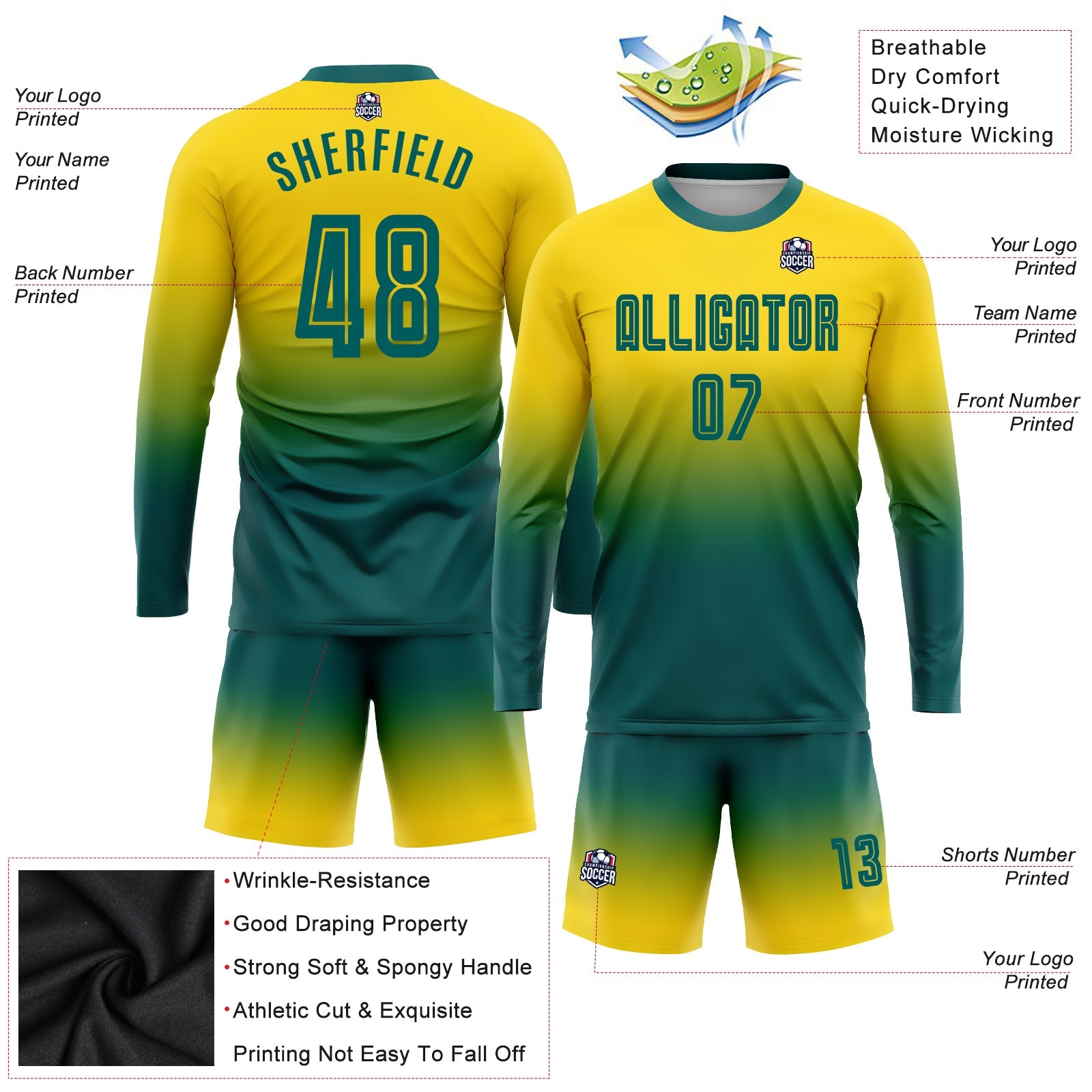 Custom Gold Teal Sublimation Long Sleeve Fade Fashion Soccer Uniform Jersey view 3