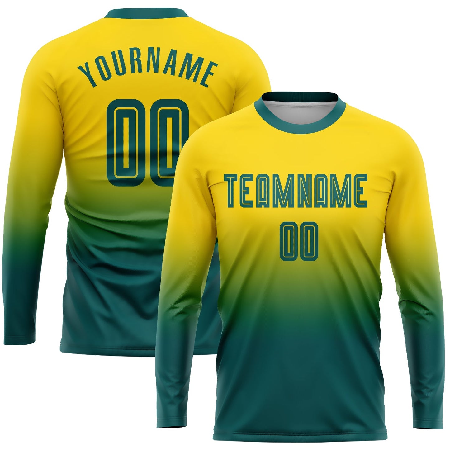 Custom Gold Teal Sublimation Long Sleeve Fade Fashion Soccer Uniform Jersey - Main View