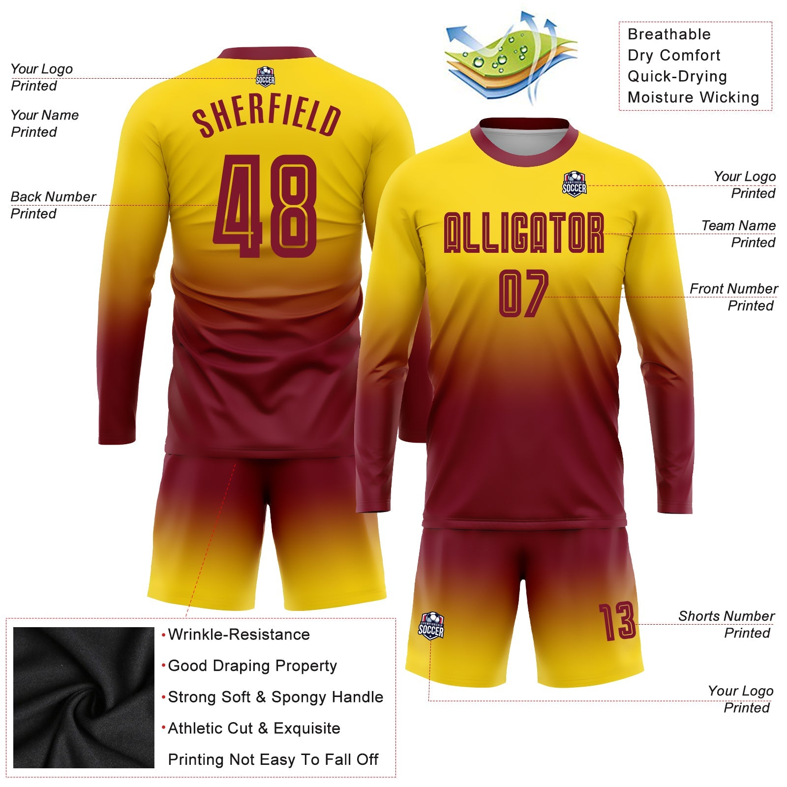 Custom Gold Crimson Sublimation Long Sleeve Fade Fashion Soccer Uniform Jersey view 4