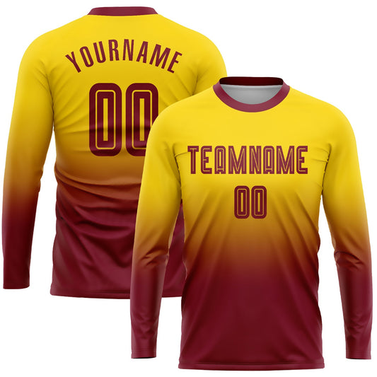 Custom Gold Crimson Sublimation Long Sleeve Fade Fashion Soccer Uniform Jersey - Main View