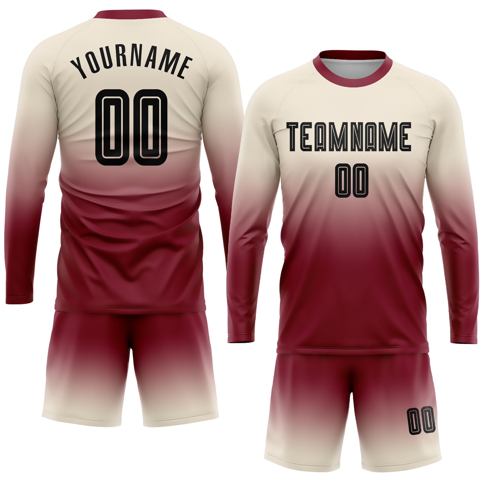 Custom Cream Black-Crimson Sublimation Long Sleeve Fade Fashion Soccer Uniform Jersey view 2