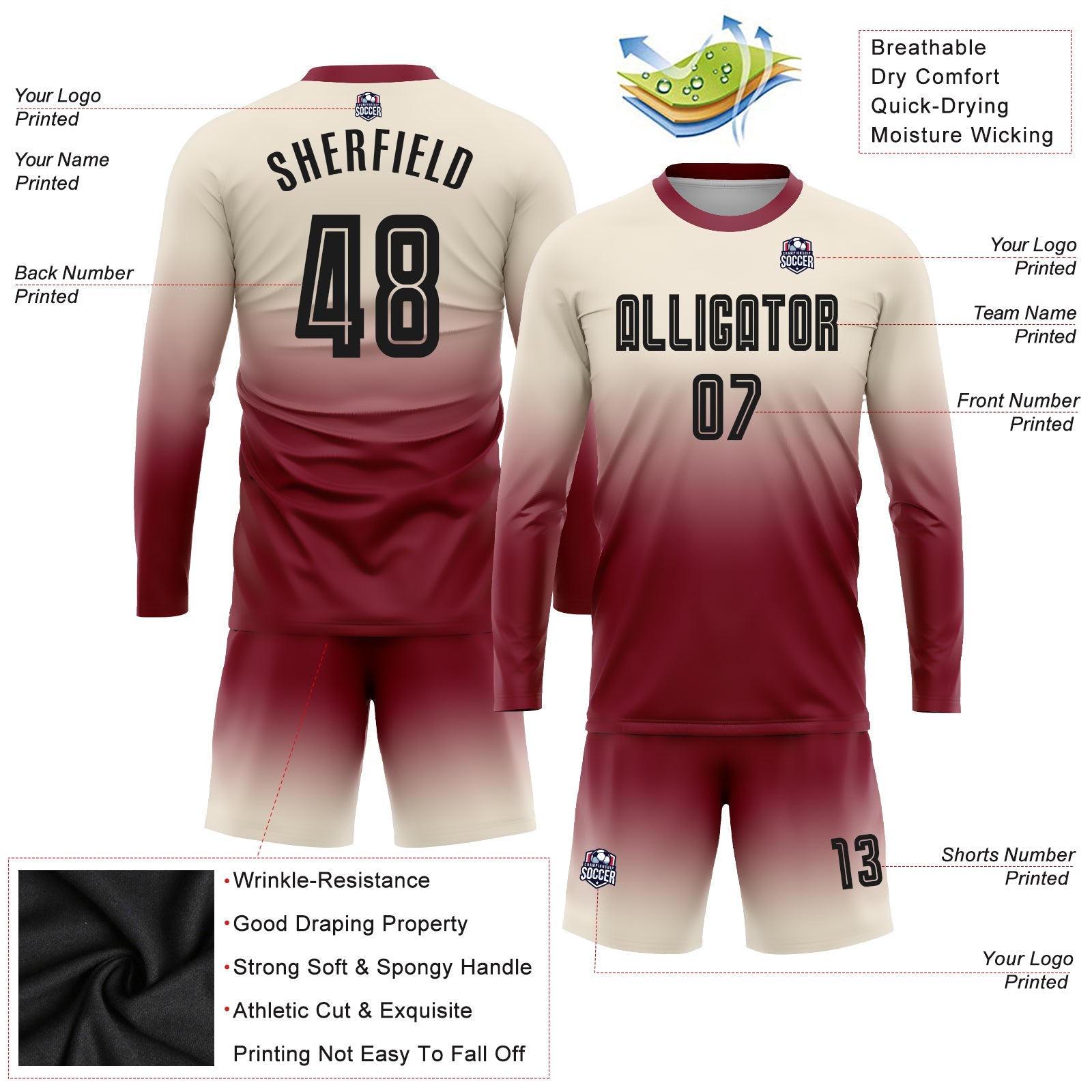 Custom Cream Black-Crimson Sublimation Long Sleeve Fade Fashion Soccer Uniform Jersey view 3