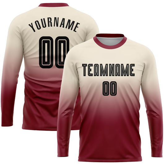 Custom Cream Black-Crimson Sublimation Long Sleeve Fade Fashion Soccer Uniform Jersey - Main View