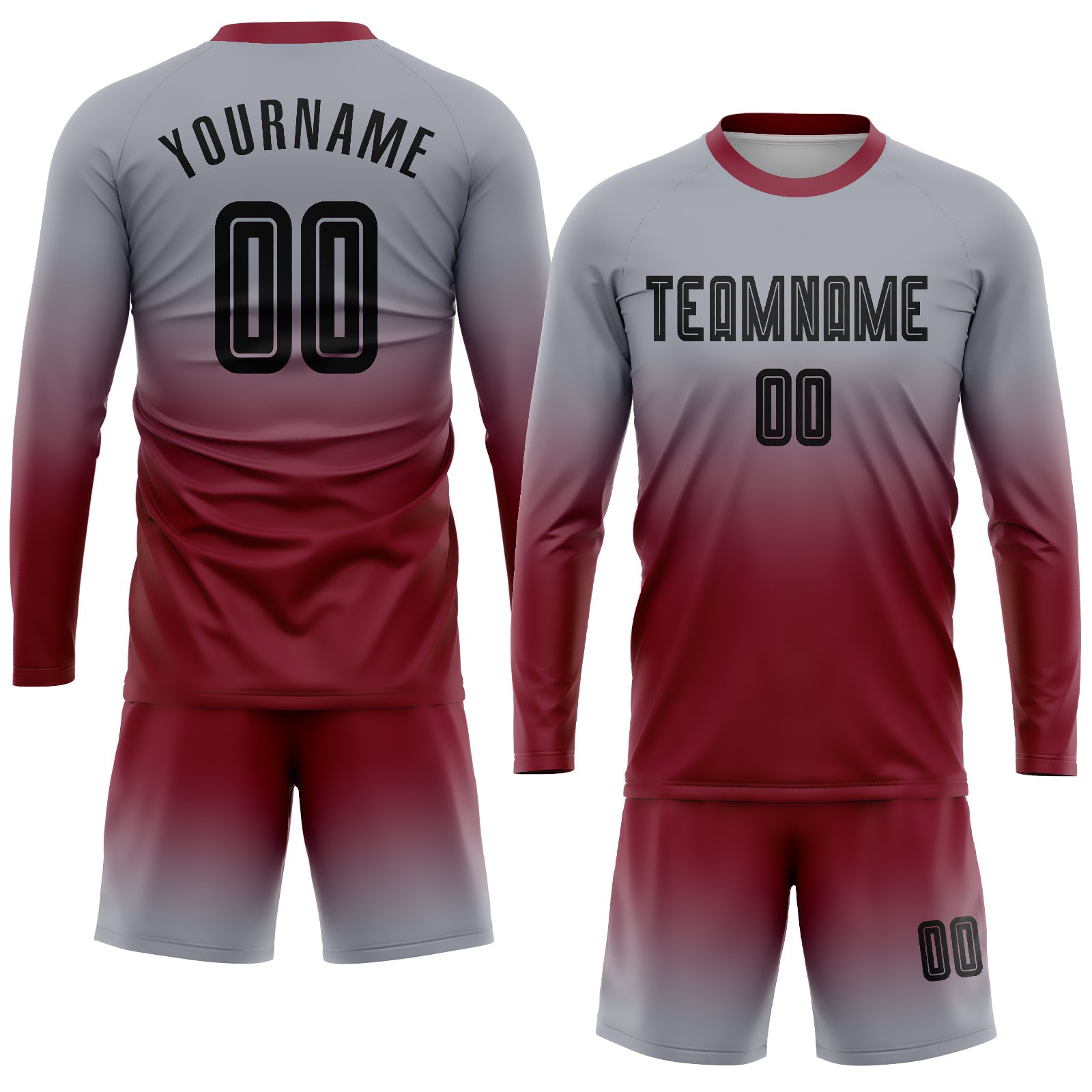 Custom Gray Black-Crimson Sublimation Long Sleeve Fade Fashion Soccer Uniform Jersey view 2