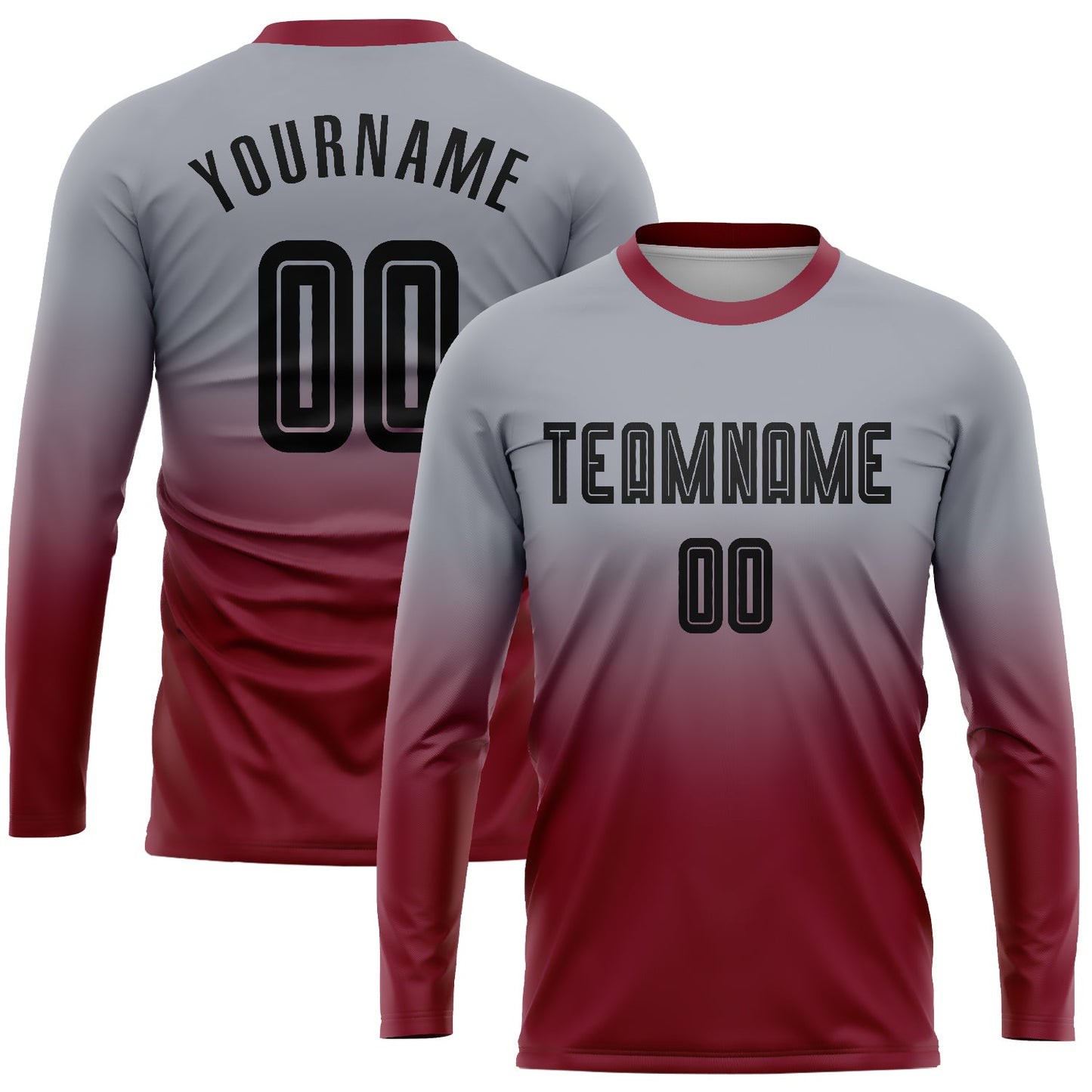 Custom Gray Black-Crimson Sublimation Long Sleeve Fade Fashion Soccer Uniform Jersey - Main View