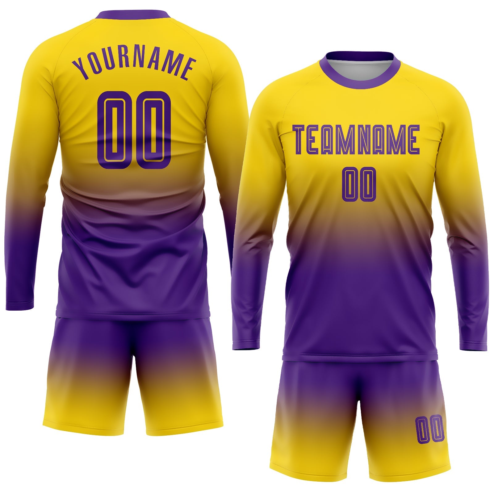 Custom Gold Purple Sublimation Long Sleeve Fade Fashion Soccer Uniform Jersey view 2