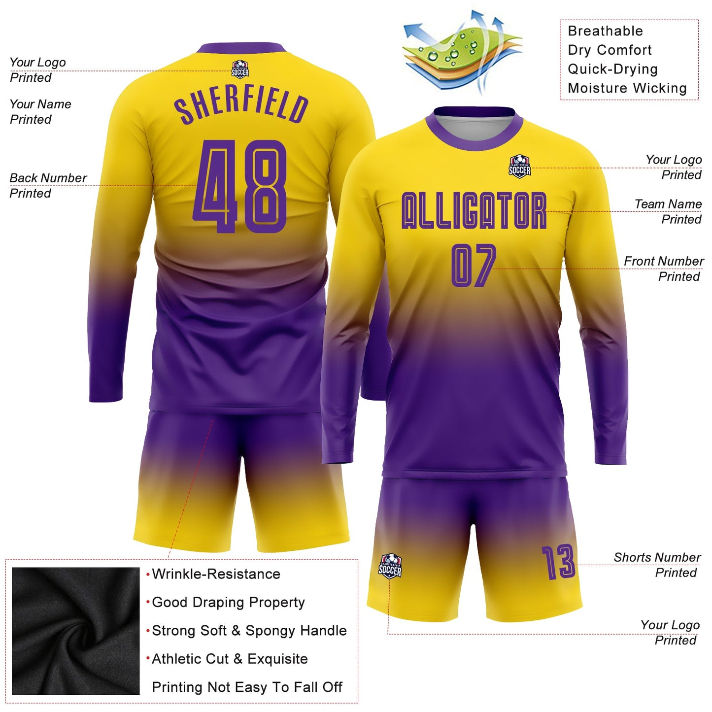 Custom Gold Purple Sublimation Long Sleeve Fade Fashion Soccer Uniform Jersey view 3