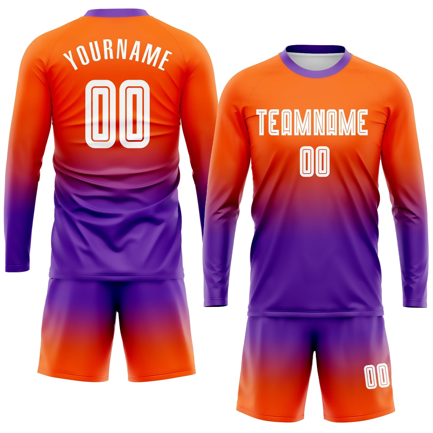 Custom Orange White-Purple Sublimation Long Sleeve Fade Fashion Soccer Uniform Jersey view 2