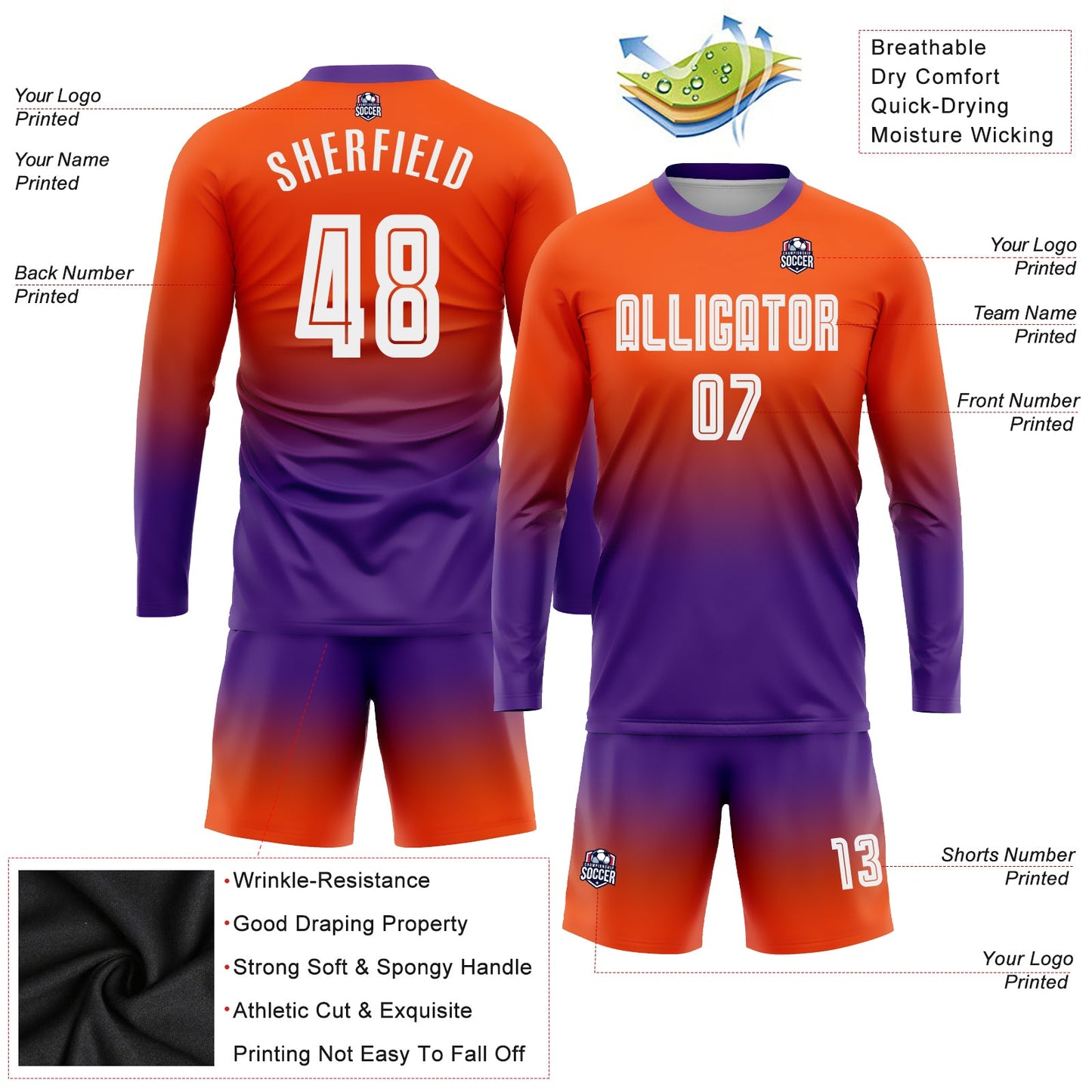 Custom Orange White-Purple Sublimation Long Sleeve Fade Fashion Soccer Uniform Jersey view 3
