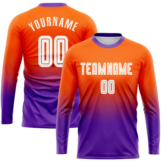 Custom Orange White-Purple Sublimation Long Sleeve Fade Fashion Soccer Uniform Jersey - Main View
