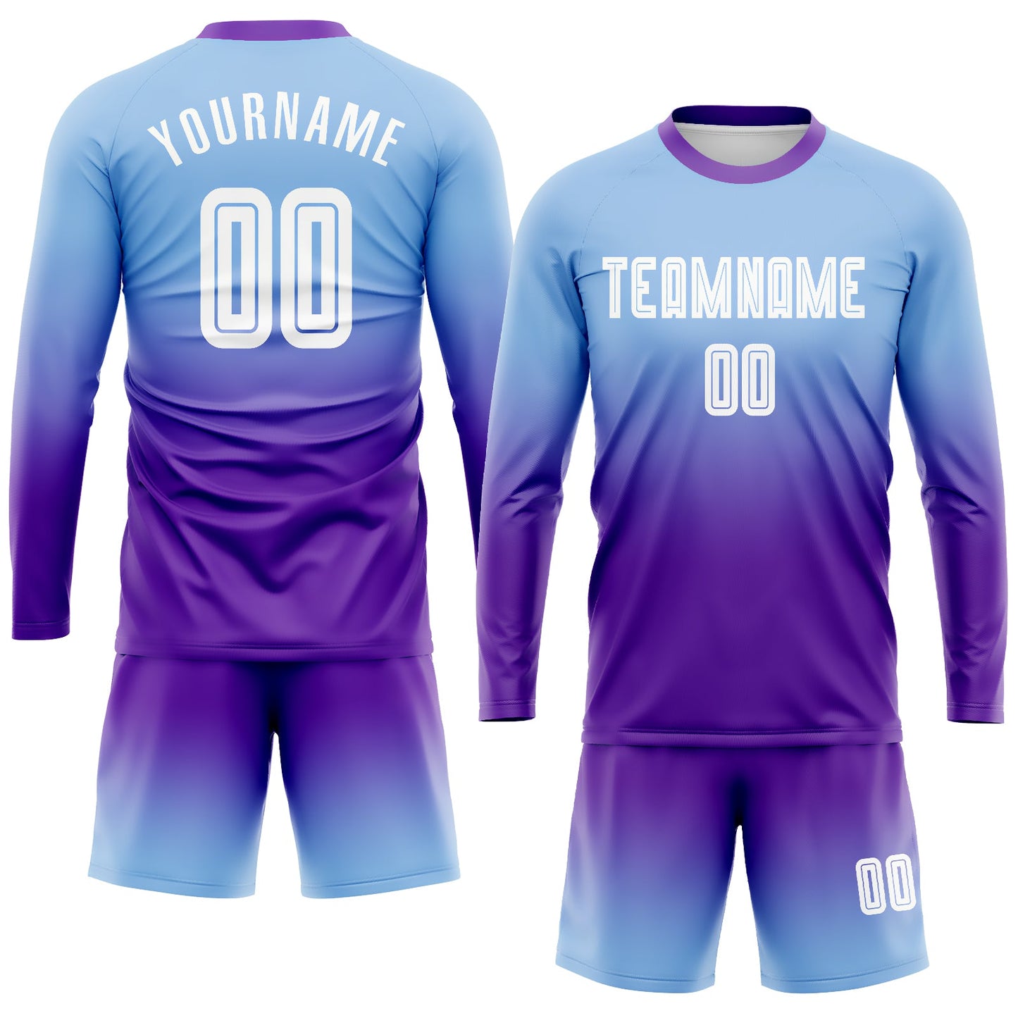Custom Light Blue White-Purple Sublimation Long Sleeve Fade Fashion Soccer Uniform Jersey view 2