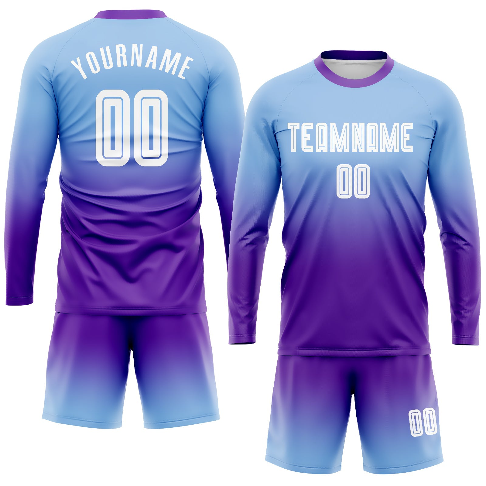 Custom Light Blue White-Purple Sublimation Long Sleeve Fade Fashion Soccer Uniform Jersey view 2