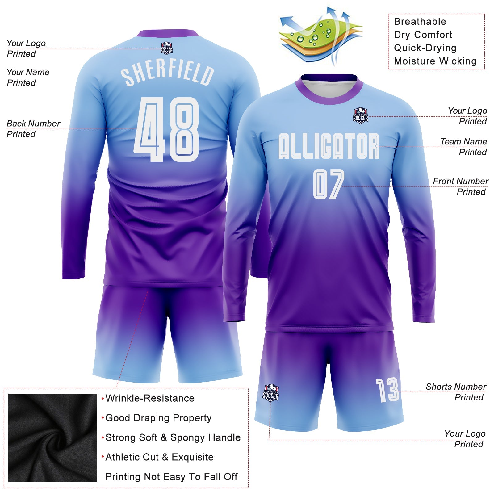 Custom Light Blue White-Purple Sublimation Long Sleeve Fade Fashion Soccer Uniform Jersey view 3