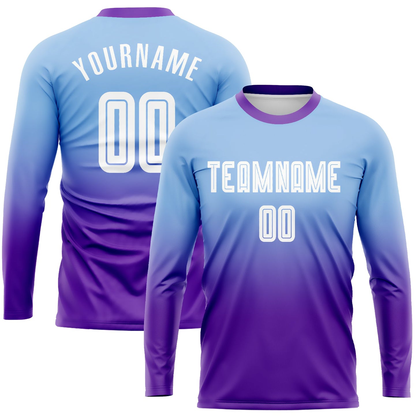 Custom Light Blue White-Purple Sublimation Long Sleeve Fade Fashion Soccer Uniform Jersey - Main View