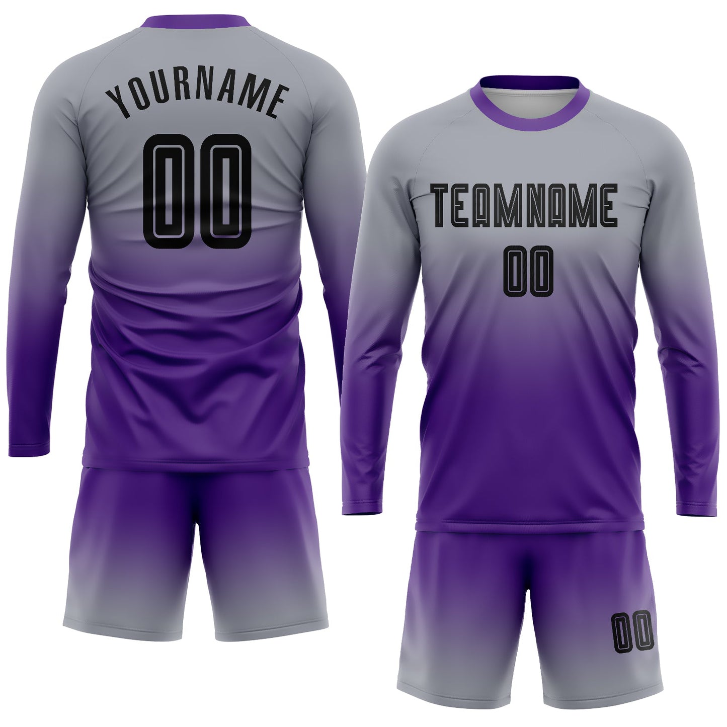 Custom Gray Black-Purple Sublimation Long Sleeve Fade Fashion Soccer Uniform Jersey view 2