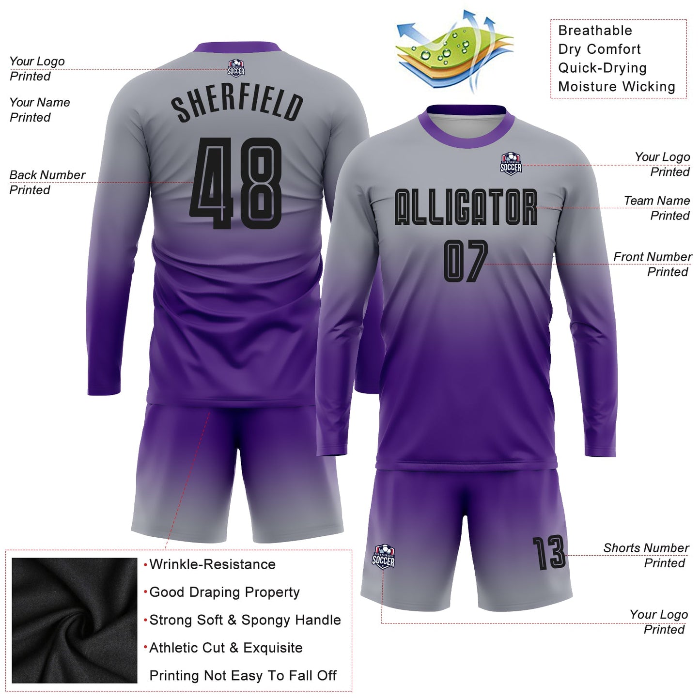 Custom Gray Black-Purple Sublimation Long Sleeve Fade Fashion Soccer Uniform Jersey view 3