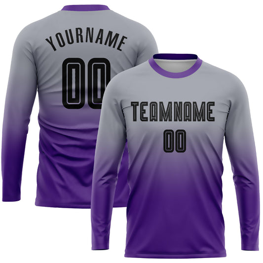 Custom Gray Black-Purple Sublimation Long Sleeve Fade Fashion Soccer Uniform Jersey - Main View