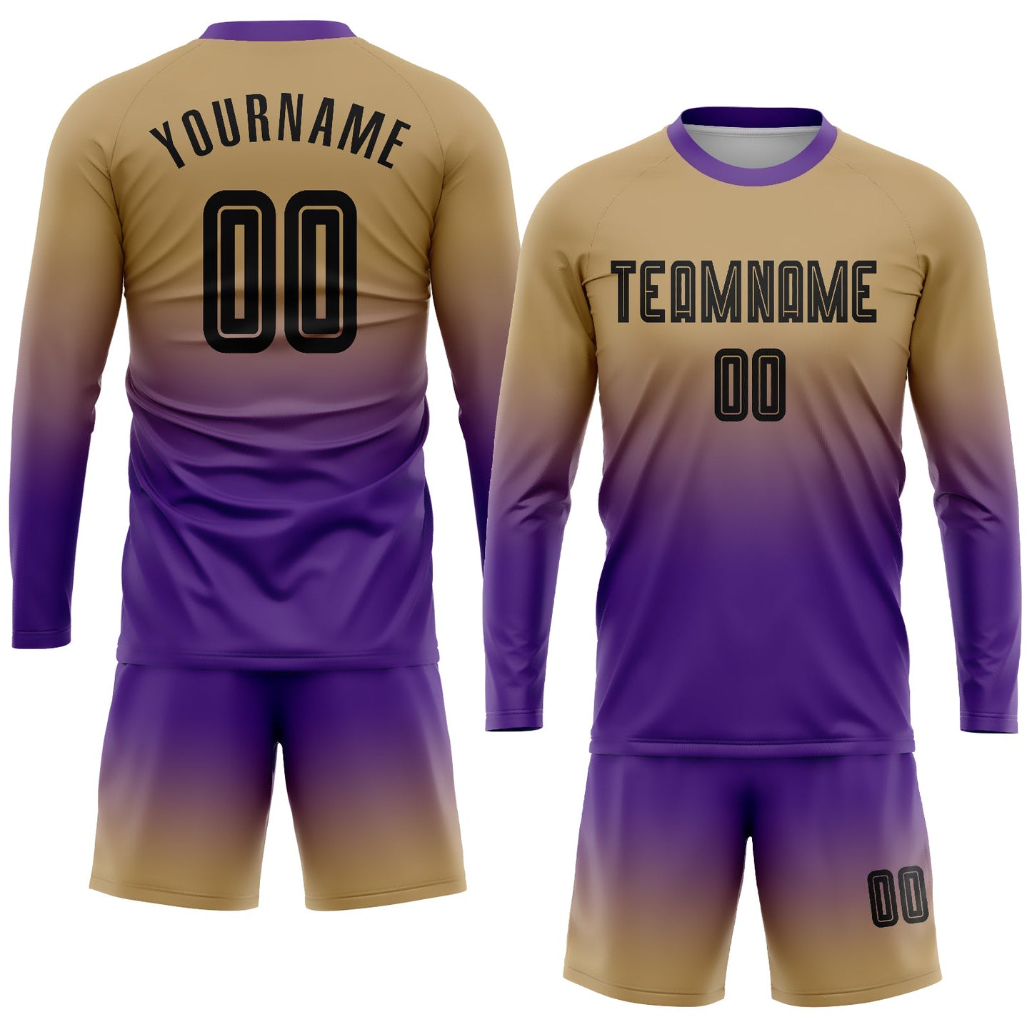 Custom Old Gold Black-Purple Sublimation Long Sleeve Fade Fashion Soccer Uniform Jersey view 2