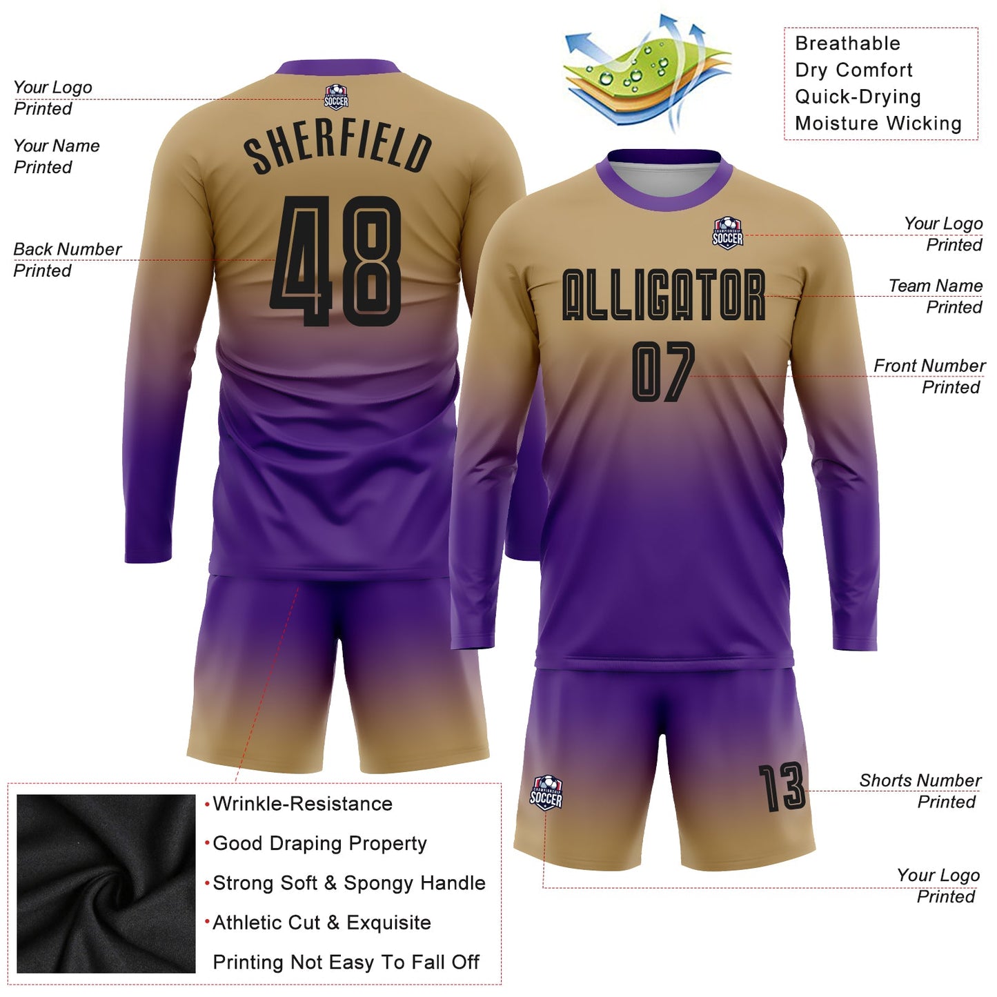 Custom Old Gold Black-Purple Sublimation Long Sleeve Fade Fashion Soccer Uniform Jersey view 3