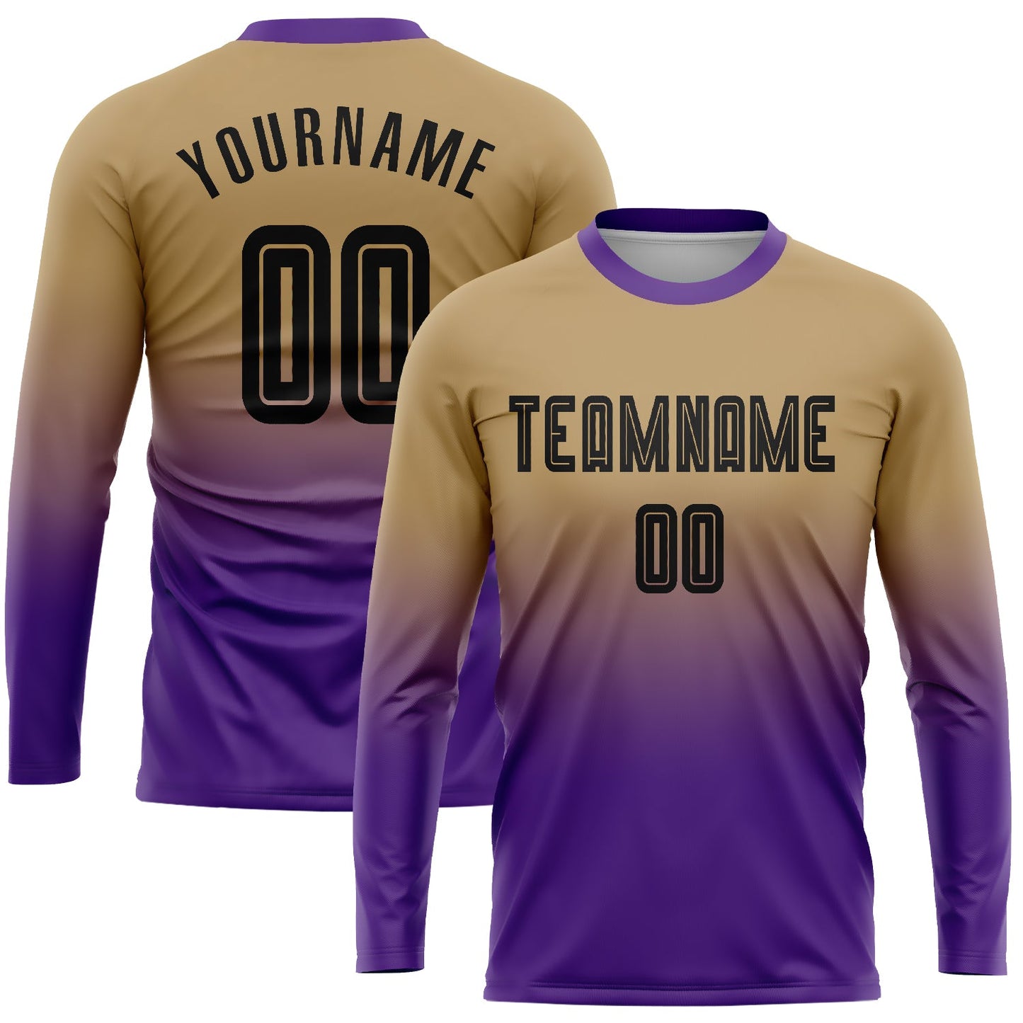 Custom Old Gold Black-Purple Sublimation Long Sleeve Fade Fashion Soccer Uniform Jersey - Main View