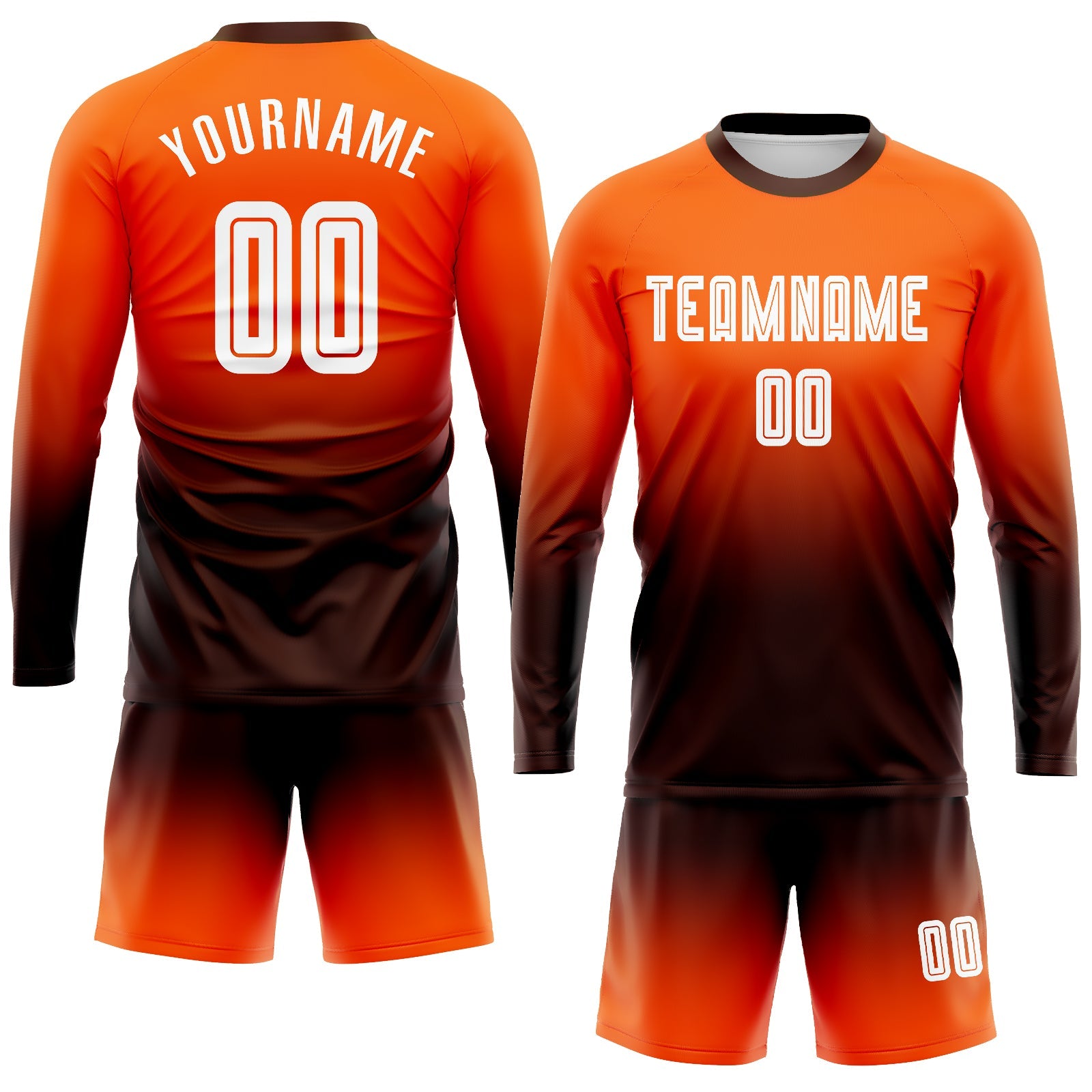 Custom Orange White-Brown Sublimation Long Sleeve Fade Fashion Soccer Uniform Jersey view 2