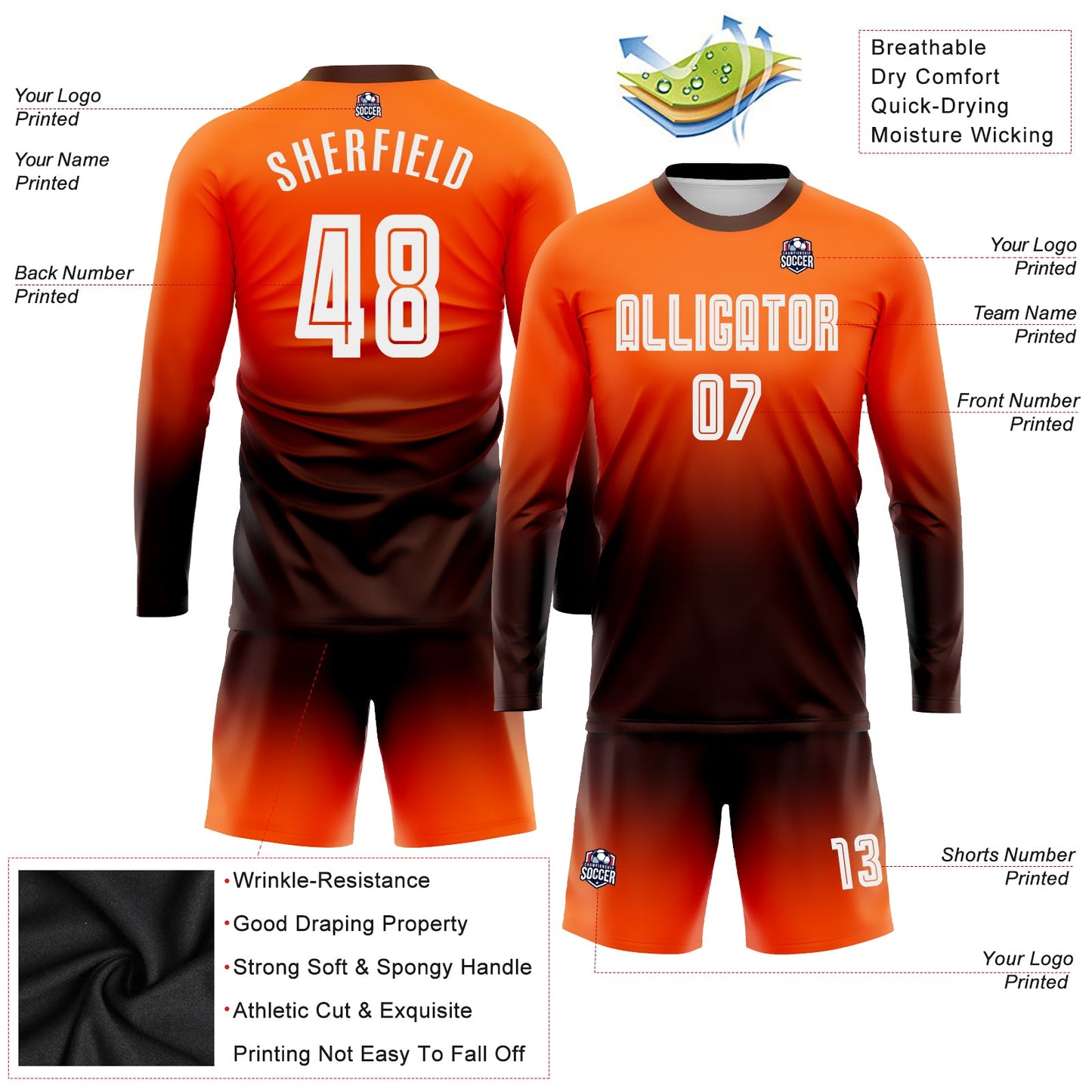 Custom Orange White-Brown Sublimation Long Sleeve Fade Fashion Soccer Uniform Jersey view 3