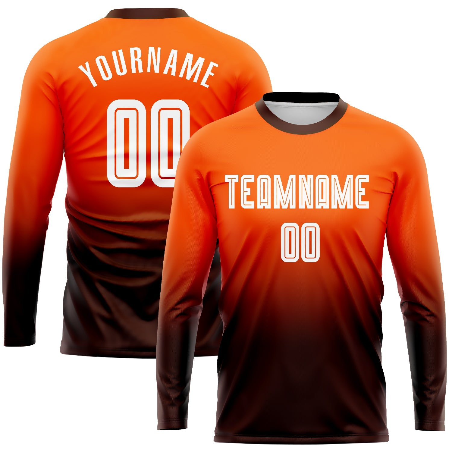 Custom Orange White-Brown Sublimation Long Sleeve Fade Fashion Soccer Uniform Jersey - Main View