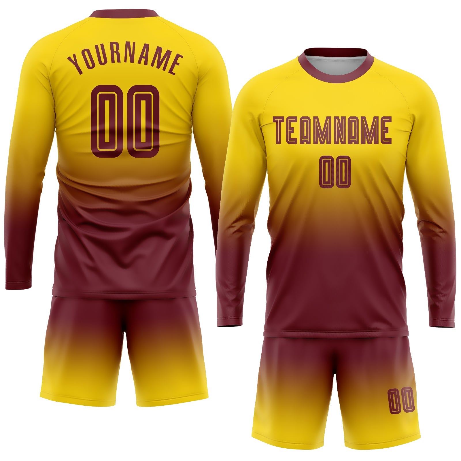 Custom Gold Burgundy Sublimation Long Sleeve Fade Fashion Soccer Uniform Jersey view 2