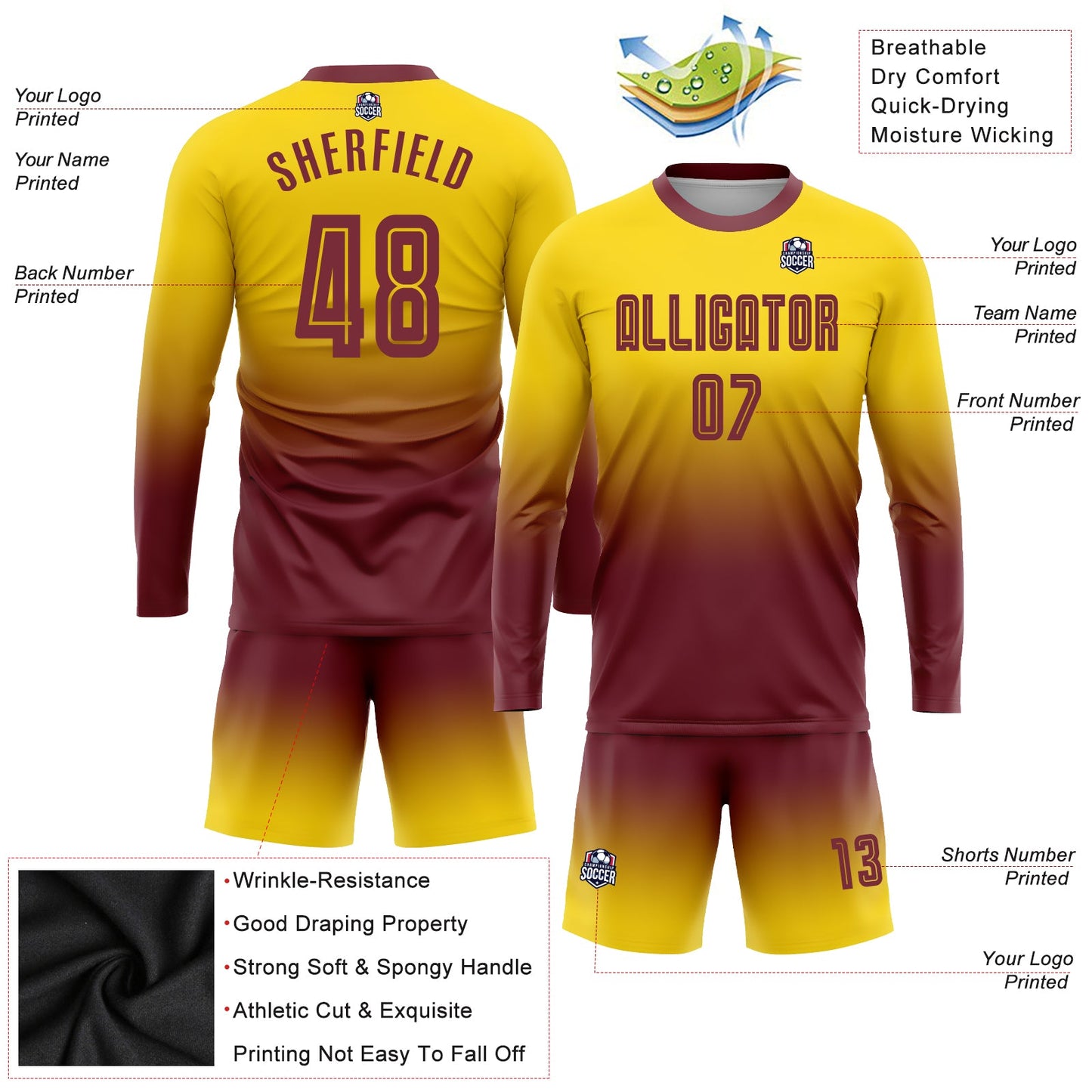 Custom Gold Burgundy Sublimation Long Sleeve Fade Fashion Soccer Uniform Jersey view 3