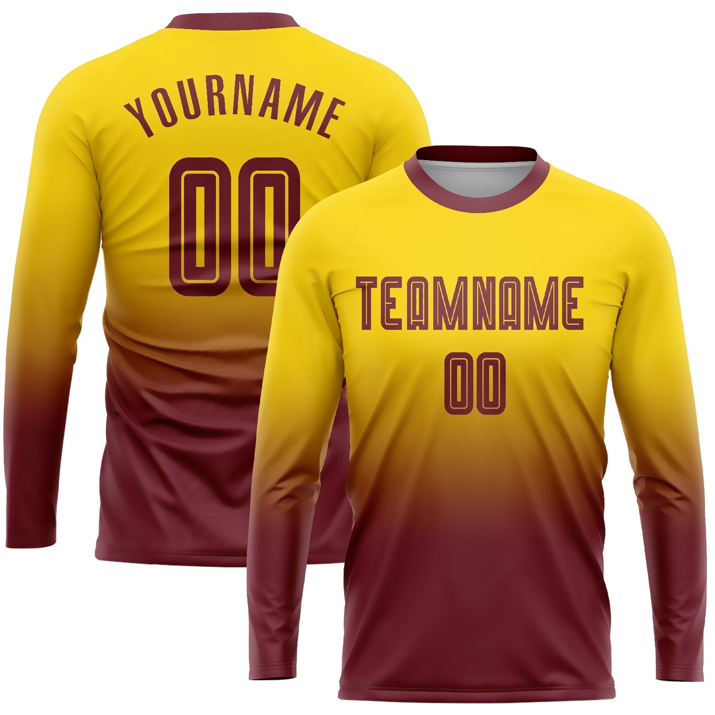 Custom Gold Burgundy Sublimation Long Sleeve Fade Fashion Soccer Uniform Jersey - Main View